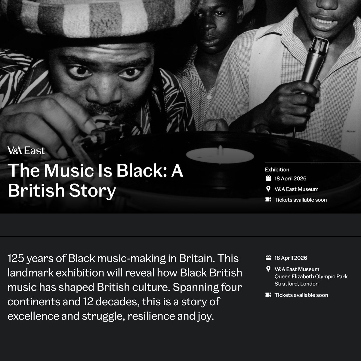 regfraternityuk's tweet image. The Music Is Black: A British Story - From 18 April 2026 at V&amp;amp;A East - 25 years of Black music-making in Britain.  &amp;gt;&amp;gt; vam.ac.uk/exhibitions/th…