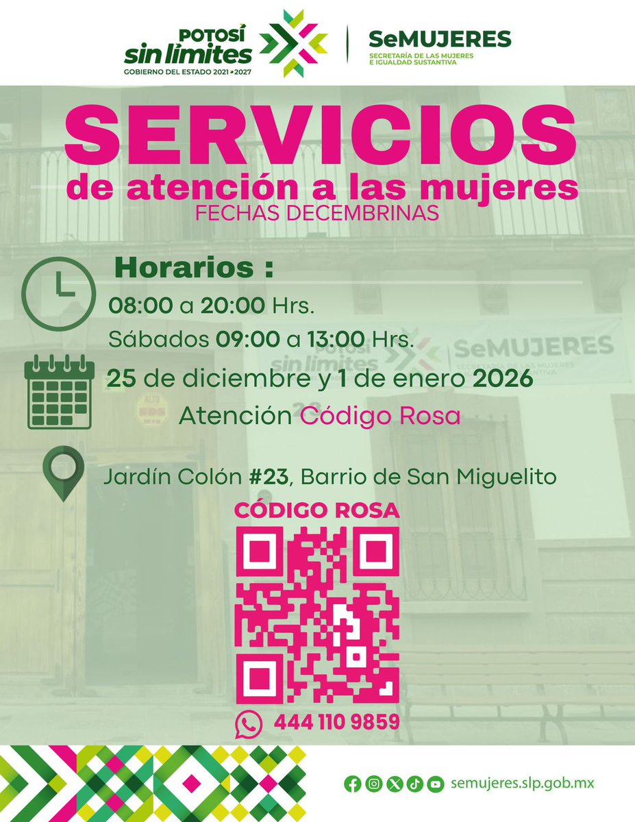 Estamos para ti 🤝✨
Durante las fechas decembrinas, la Secretaría de las Mujeres e Igualdad Sustantiva continúa brindando atención a las mujeres.

Tu bienestar y seguridad no se detienen.

#PotosíSinLímites #RicardoGallardo #Semujeresslp