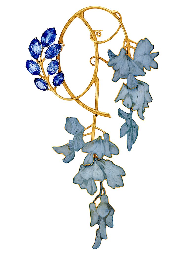 Art Nouveau sapphire and glass brooch from c. 1900 by René Lalique, France.
