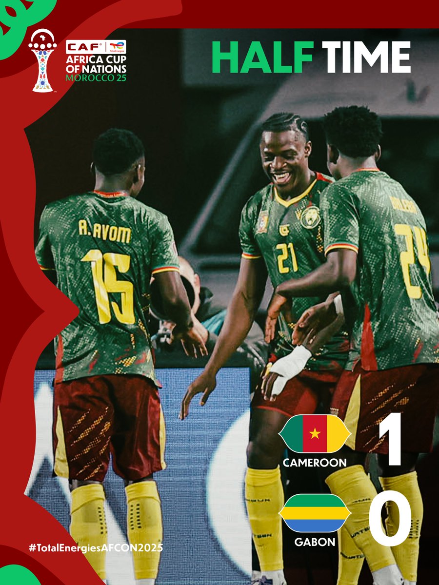 CAF_Online's tweet image. HALF-TIME! 🇨🇲🇬🇦

Eyong's early goal gives Cameroon the lead in the first half. 

#TotalEnergiesAFCON2025