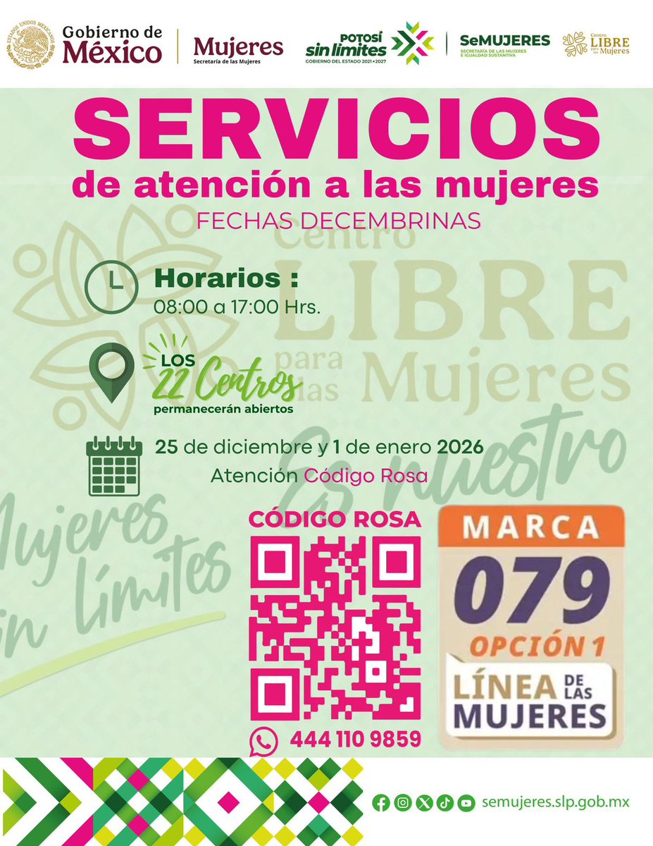 Aquí estamos para ti 🤝✨
En estas fechas decembrinas, los 22 Centros LIBRE para las Mujeres siguen abiertos y brindando atención.

Tu bienestar importa, no estás sola.

#PotosíSinLímites #RicardoGallardo #Semujeresslp