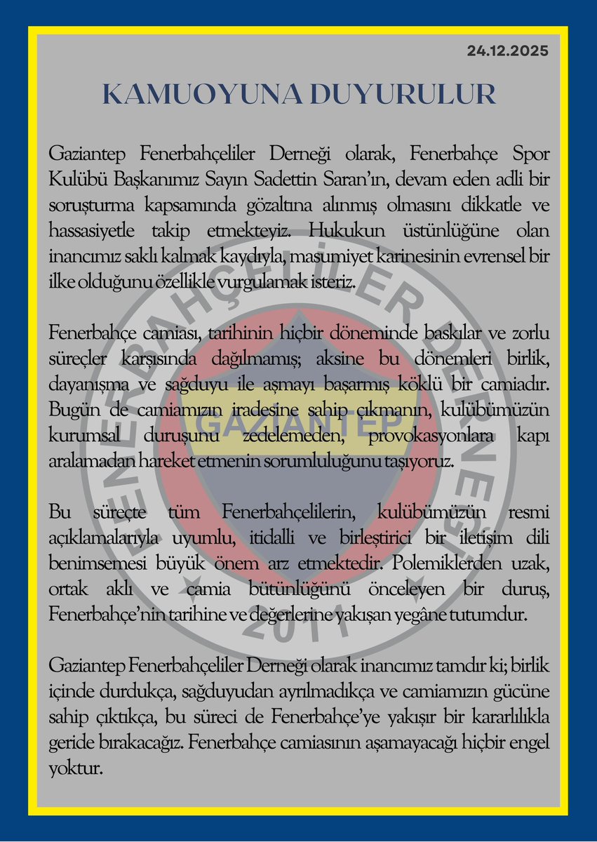GAZİANTEP FENERBAHÇELİLER DERNEĞİ tweet media