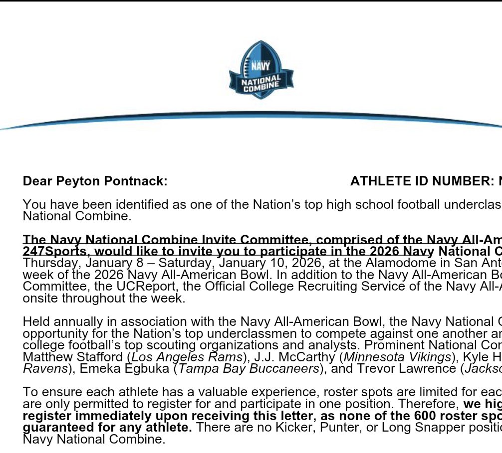 pontnack99's tweet photo. Honored to receive an invite to the 2026 @NationalComb1ne during the @AABonNBC! Thank you @JohnSchmidAAB for the opportunity to compete in January with top student athletes in the nation!  Looking forward to representing @Football_CF https://t.co/QipkxGGIh2