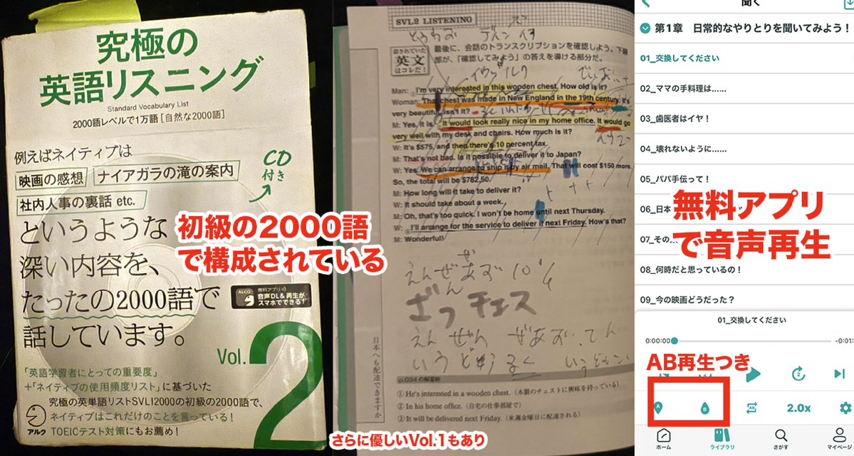 TOEICや英検対策を含め、初級〜中級者のシャドーイング学習に"究極の英語リスニングVol.2"がおすすめ。
理由は3つ。

①単語が優しい
②内容が日常生活や旅行などとっつきやすい
③アプリでAB再生できるので苦手部分を効率的につぶせる

シャドーイングの教材選びで最も大事なポイントはプロフやで。