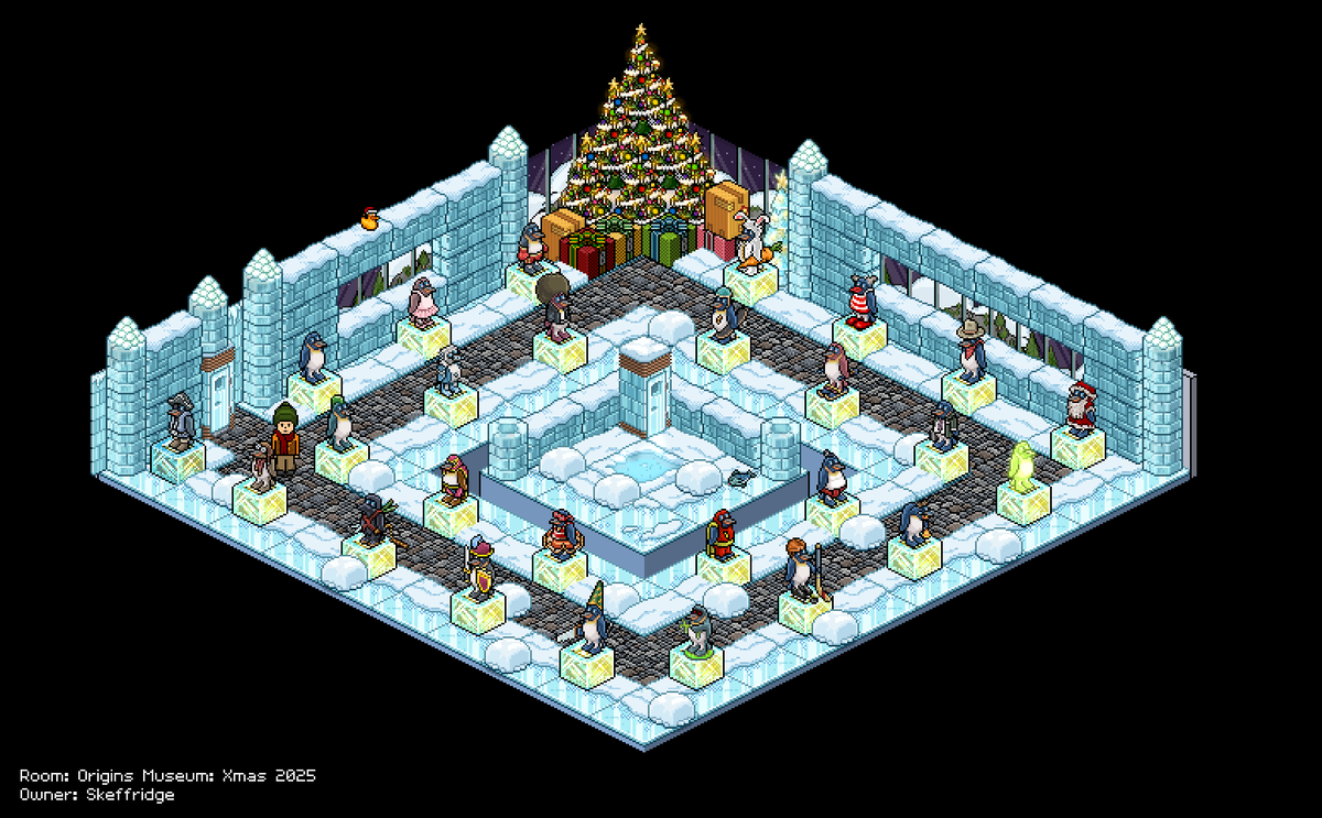 Skeffridge's tweet photo. An unfortunate month on #HabboOrigins meant that the missing 22 penguins all dropped at once on the vendor today.
Not ideal by any means but probably better than missing out completely.
Now all available to view inside the Origins Museum Xmas 2025 room. https://t.co/qxDm3ya5MQ