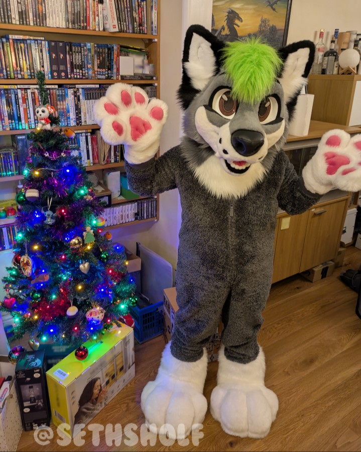 SethSholf's tweet photo. ’Twas the night before Christmas, the presents were tough,
All chew tested and guarded by one little Wuff.

What are you hoping to get this year? 🐺🎄
#furryfandom #fursuit #Christmas https://t.co/x8jiOEPnPf