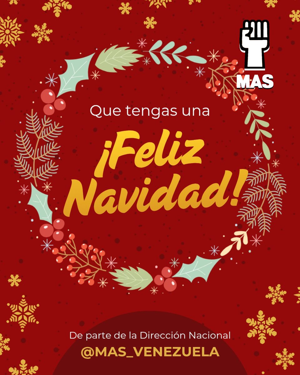 Desde la Dirección Nacional del MAS deseamos que todas las familias venezolanas puedan pasar una Feliz Navidad en unión familiar, dónde la alegría y prosperidad este presente en cada hogar.

¡Feliz Navidad! 🎄✨🎇