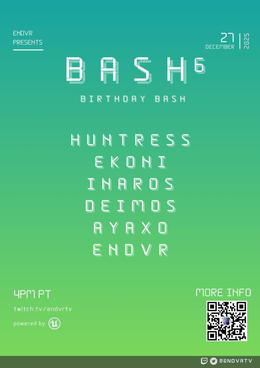 ENDVRtv's tweet image. Artist Announcement! This Saturday at 4pm PT join us for a very special birthday celebration edition of Bash! 

Line up:
@ayaxomusic (Birthday Set) Ekonni @dj_huntress 
@DJ_Deimos @realdjInaros 

Come enjoy some great music and help us celebrate @ayaxomusic, @finalFlick and…
