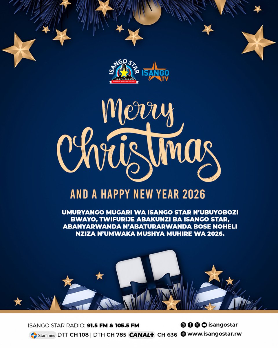 isangostar's tweet photo. 🎄 Bakunzi Beza, Turabashimira uko twabanye muri uyu mwaka wa 2025.

Tubifurije #Noheli Nziza n’Umwaka mushya muhire wa #2026.

kuri Ibi bihe by’iminsi mikuru, tubafitiye Discount/Igabanyirizwa rya 30% kuri Ibi biciro byo kwamamaza.

#Isangostar #Inyenyeriimurikirarubanda https://t.co/FOFhuWmPN3