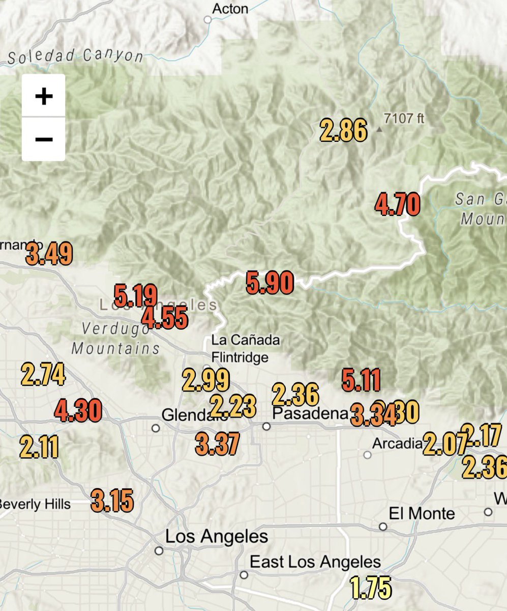 weatherechowx's tweet image. Here are rainfall totals so far today for the San Gabriel and Bernardino mountains - flooding in Wrightwood #atmosphericriver