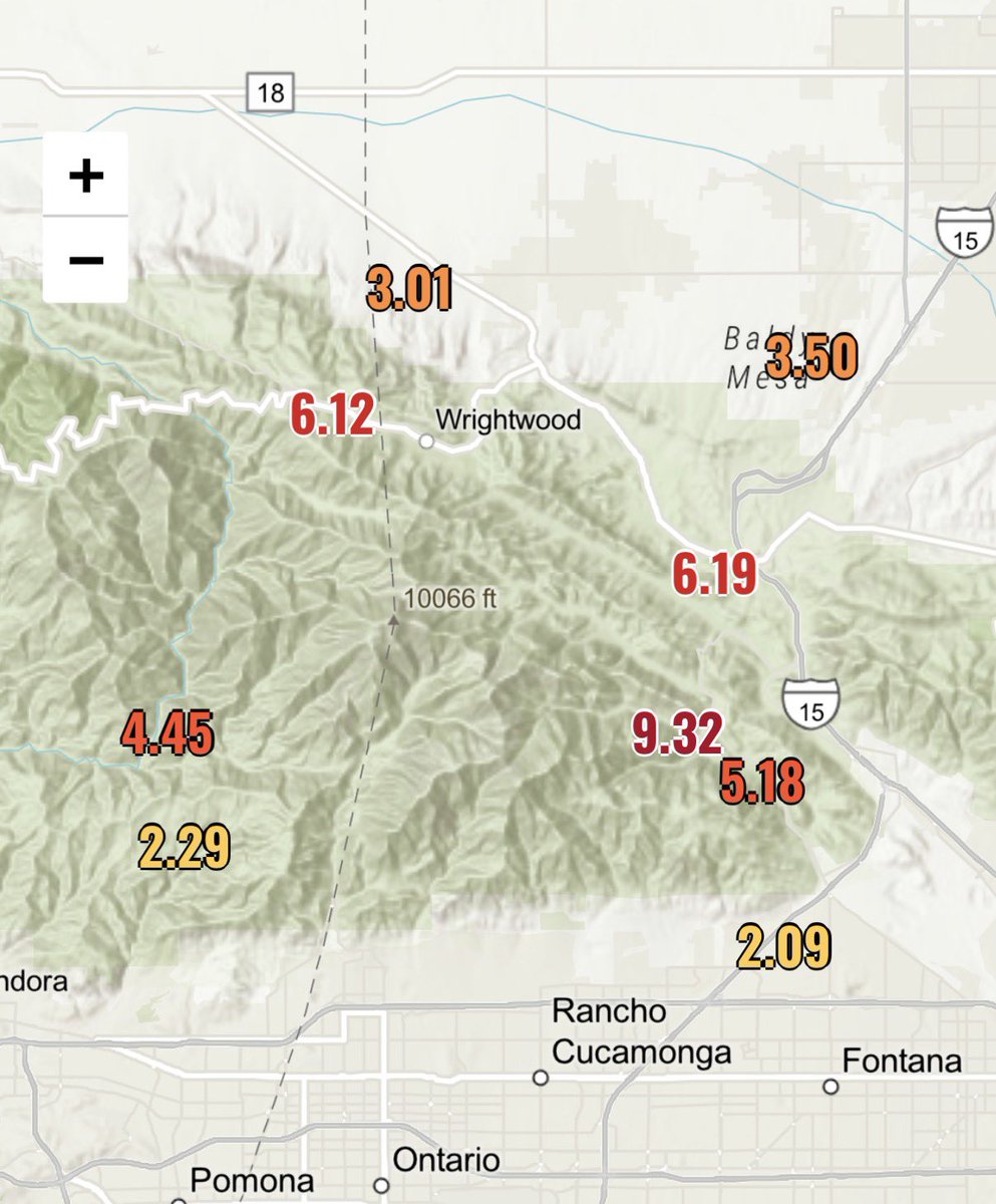 weatherechowx's tweet image. Here are rainfall totals so far today for the San Gabriel and Bernardino mountains - flooding in Wrightwood #atmosphericriver
