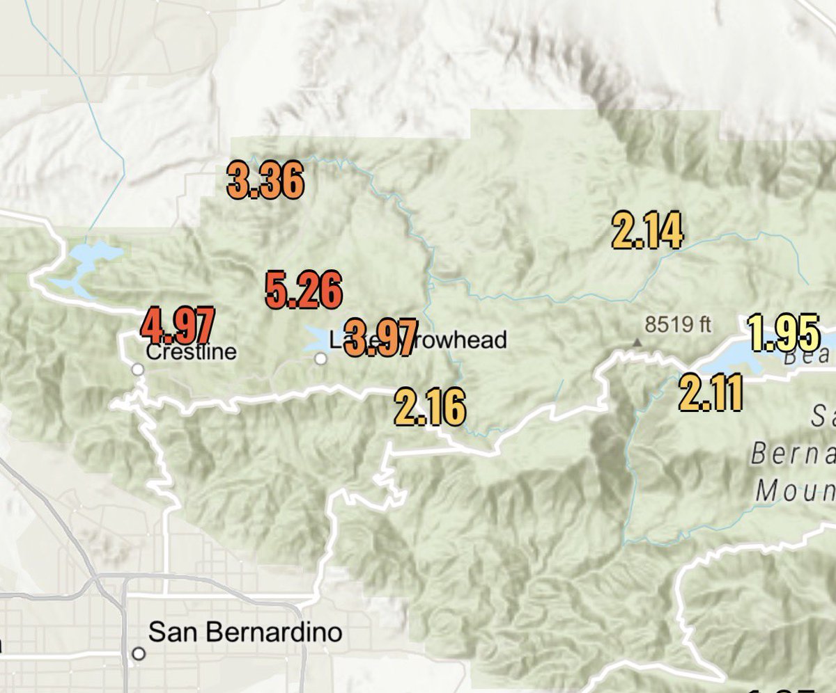 weatherechowx's tweet image. Here are rainfall totals so far today for the San Gabriel and Bernardino mountains - flooding in Wrightwood #atmosphericriver