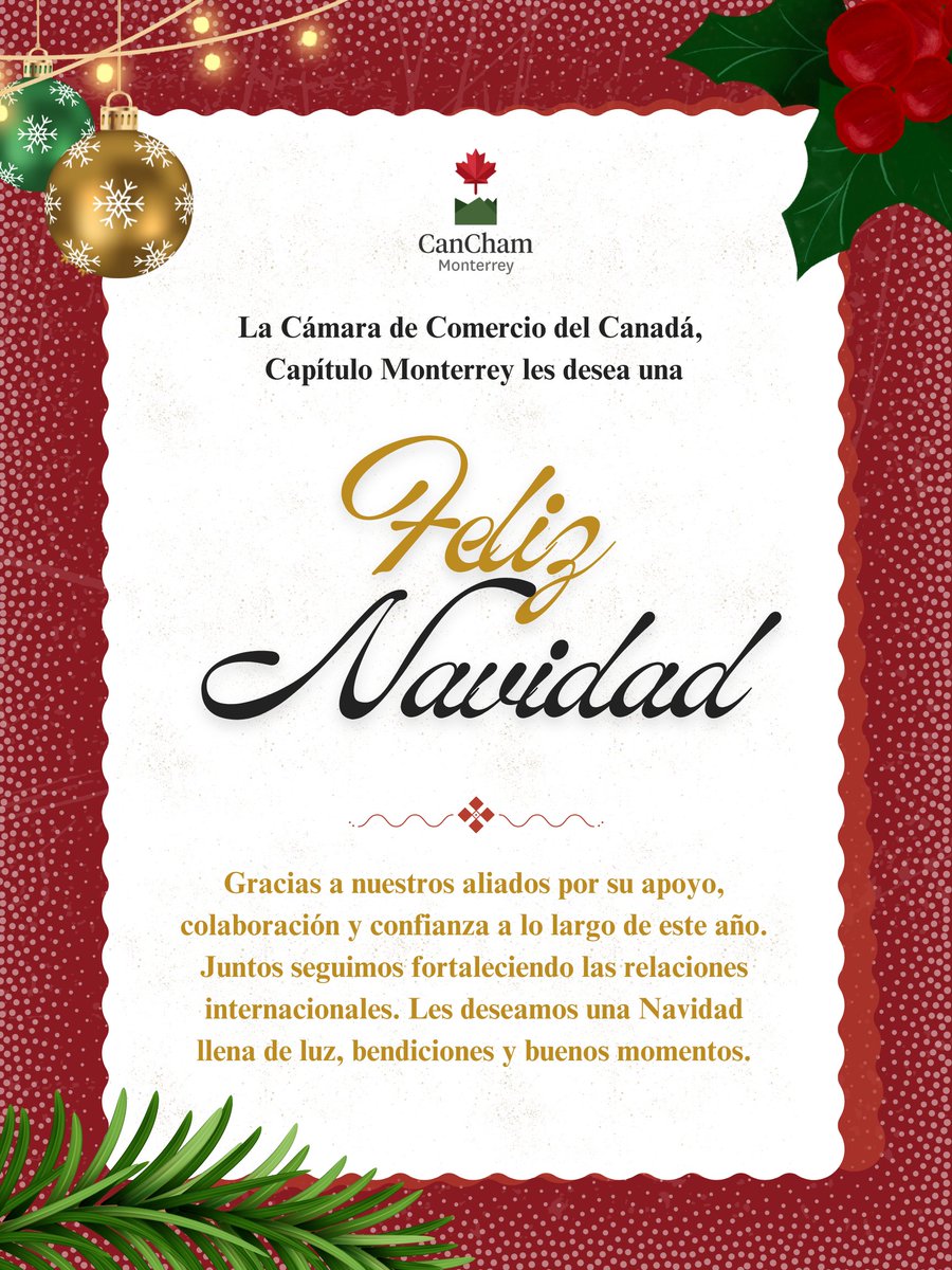 Gracias a nuestros aliados por su confianza y colaboración a lo largo del año. Juntos seguimos fortaleciendo las relaciones entre Canadá y México.
¡Les deseamos una Feliz Navidad! 🎁🍁✨