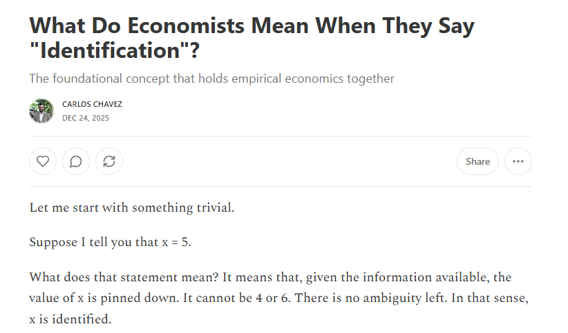 Suppose I tell you x = 5.
That's identification. The value is pinned down. No ambiguity.
Econometrics asks the same question—just in a messier world.
New post on what economists actually mean when they say "identified":
carloschavezp29.substack.com/p/what-do-econ…