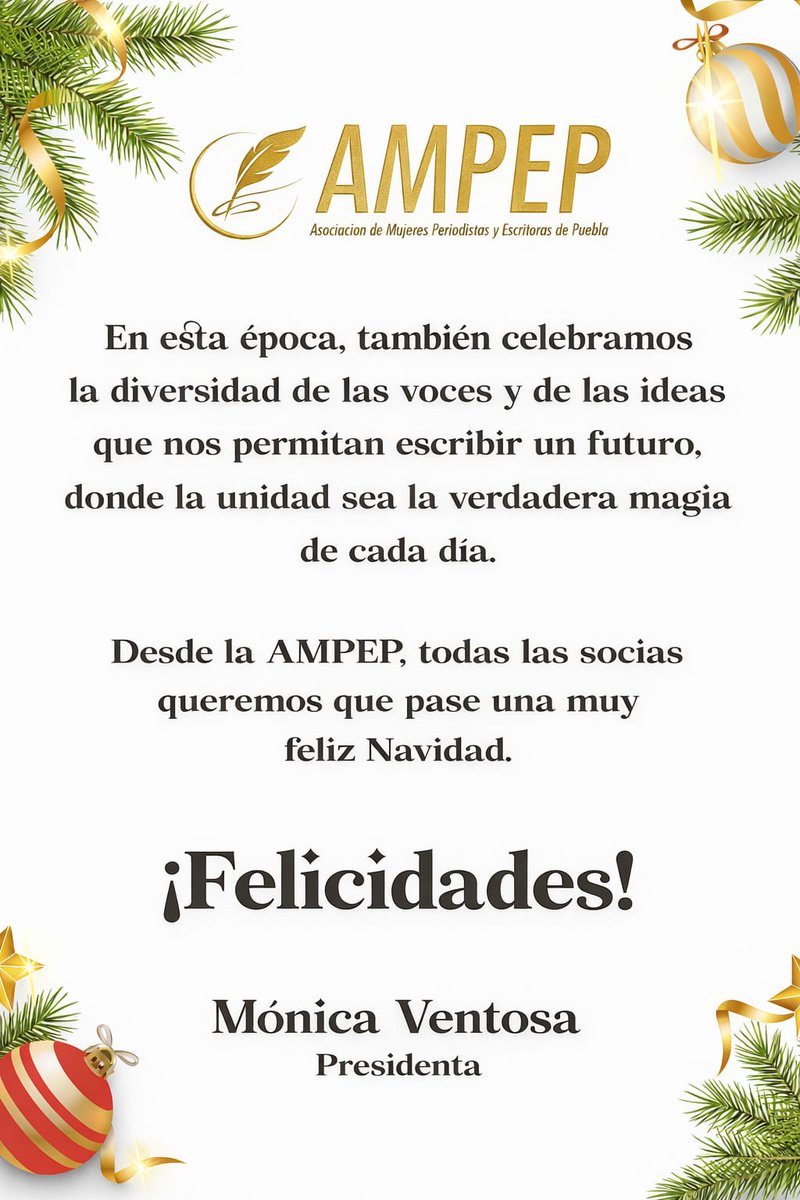 🌟 La Asociación de Mujeres Periodistas y Escritoras de Puebla les desea felices fiestas y que la dicha y el amor estén presentes en cada uno de sus hogares.

#FelizNavidad2025  
<a href="/AmpePuebla/">AMPEPuebla</a>
