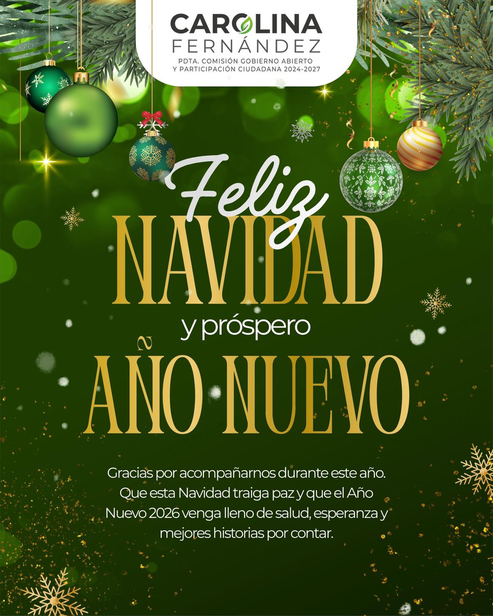🎄Hoy celebramos Nochebuena, una ocasión para compartir momentos de armonía, gratitud y unión familiar. 

Que este día inspire esperanza y renueve los lazos que fortalecen a nuestro municipio #SanPedroCholula. ¡Felices fiestas! 🎉 💚

#FelizNavidad #Año2026 
#CaroFdzRegidora