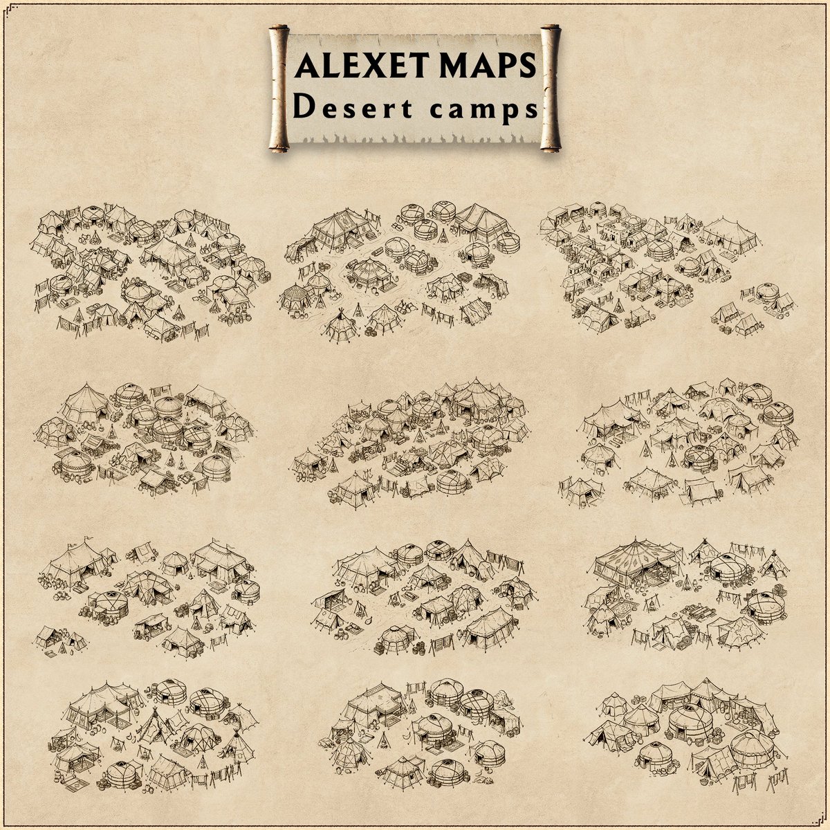 AlexetMaps's tweet photo. No more empty deserts. 🌵 The Desert Camps Pack is live!

65 assets to build nomad tribes and caravan stops in seconds.

✅ Wonderdraft Ready (Sample Color) ✅ Commercial License

Get it here: https://t.co/cXHcin50mh

#wonderdraft #dnd #ttrpg #mapassets https://t.co/ptNfLhVl6u