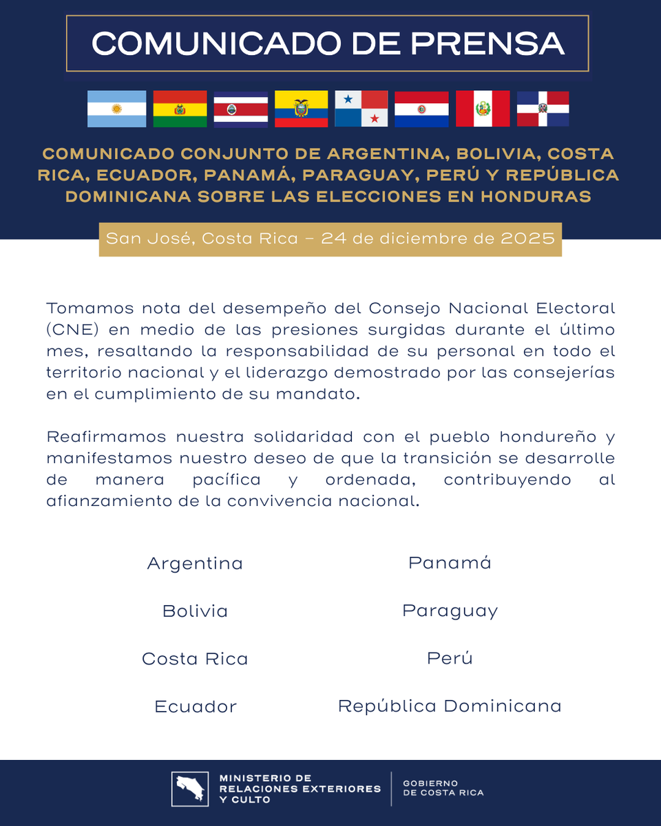 Comunicado conjunto de Argentina, Bolivia, Costa Rica, Ecuador, Panamá, Paraguay, Perú y República Dominicana sobre las elecciones en Honduras.