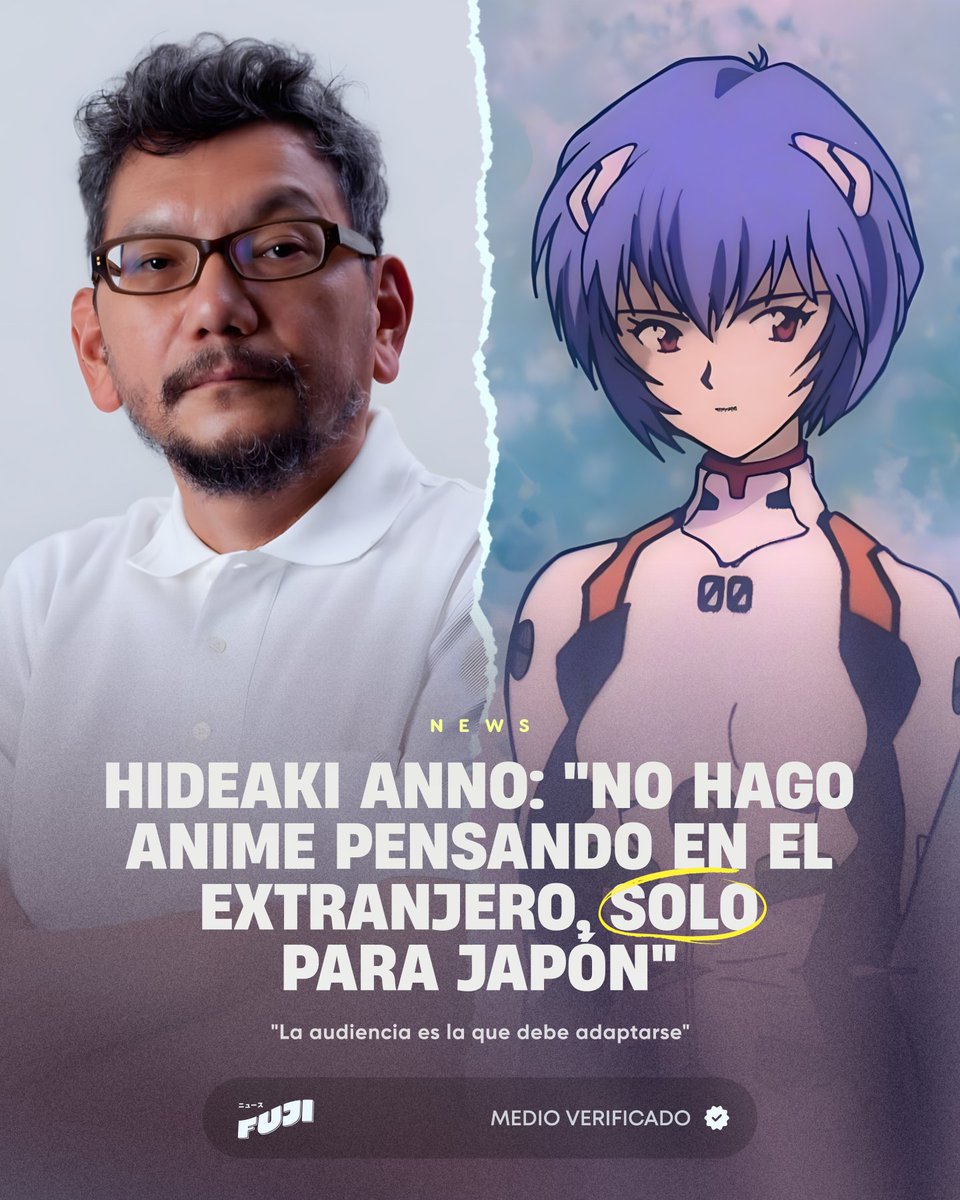 🗣️ BASADO: Hideaki Anno (Evangelion) declaró que no le importa el mercado global. 

"No hago anime para extranjeros, solo para Japón. La audiencia es la que debe adaptarse", sentenció. Asegura que Ghibli hace lo mismo y que los creativos no deben preocuparse por Occidente. 🇯🇵

📉