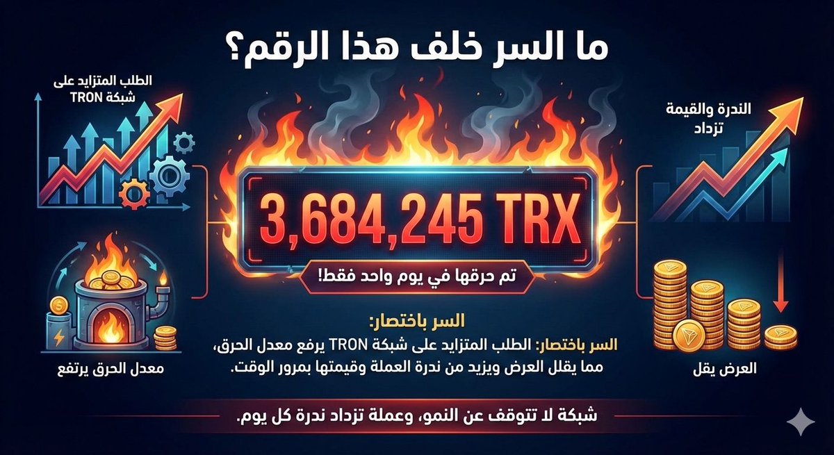 LOGYBTC's tweet image. ⚡️ ما السر خلف هذا الرقم؟
​3,684,245 عملة TRX تم حرقها في يوم واحد فقط! 🔥
​السر باختصار: الطلب المتزايد على شبكة TRON يرفع معدل الحرق، مما يقلل العرض ويزيد من ندرة العملة وقيمتها بمرور الوقت. 🚀
​شبكة لا تتوقف عن النمو، وعملة تزداد ندرة كل يوم. 💎
  #TRON #TRONGlobalFriends