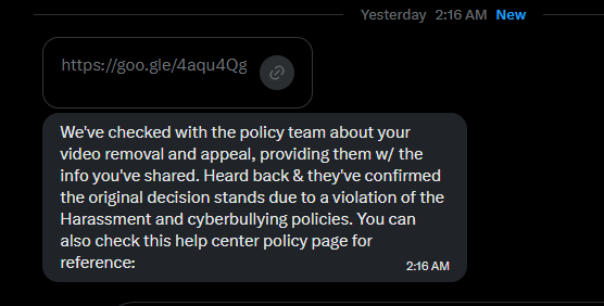 ember_paradox's tweet photo. So I didn't realize this until just now, but apparently @TeamYouTube  sent me a DM regarding my strike and they're upholding it. Apparently expressing disagreement with the wrong ideology on @YouTube means you're going to receive a strike on your channel now.

Just out of curiosity YouTube, why haven't you issued Community Guideline strikes on any of the really big channels like @Asmongold, @Tectone, @KirscheVerstahl, @Nux_Taku, just to name a fraction of channels who have expressed disagreements with something discussed in a video, or spoken about another individual, and was FAR more verbose with a great deal more "colorful language" than I ever exhibited in my video? Is there some reason you're only doing this to the smaller channels who don't have the means or resources to fight back like these other much larger and well-connected channels could? Could it be you're SCARED of these much larger channels and what actions they could take to actually hurt you should you attempt to issue false strikes against them like you did me? 

How pathetically ironic of you @YouTube , you FALSELY accuse me of "harassment & cyberbullying" and turn around and ACTUALLY bully me.
