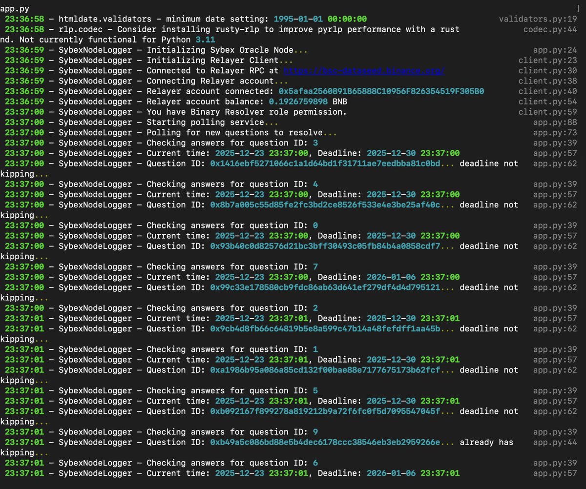 Sybex Resolver Nodes are running smoothly.

The resolver node is now live and operating as expected, with two independent node operators actively participating in the system.

This marks an important step toward a more decentralized and resilient oracle and resolution layer and