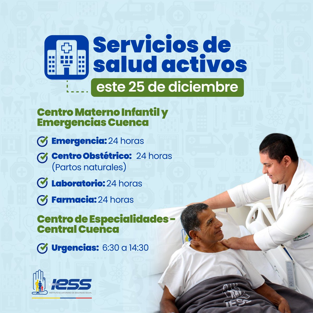 🏥Este 25 de diciembre, nuestras unidades médicas continúan brindando atención para cuidar tu salud.

Infórmate sobre los horarios de atención.

Conoce más ➡️ acortar.link/z2wEWB