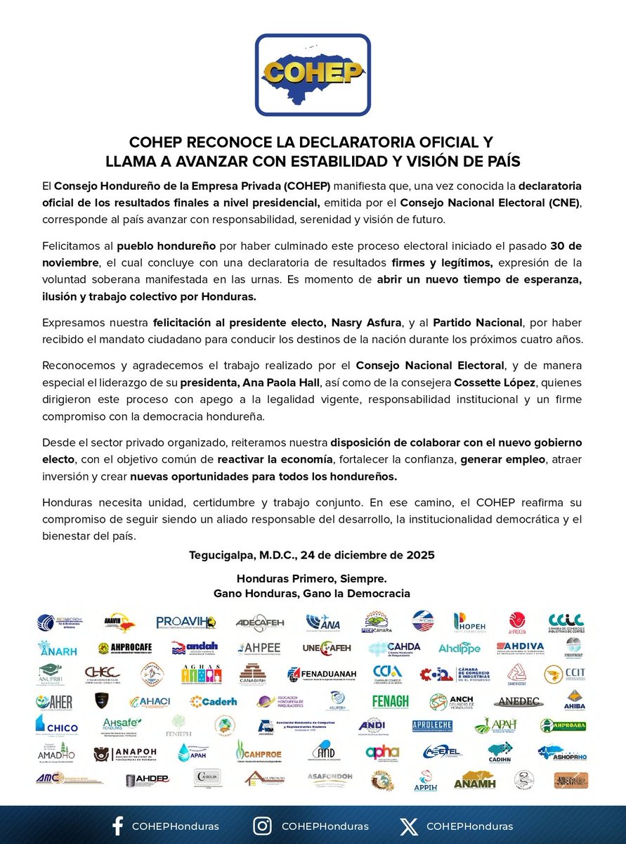 #ComunicadoCOHEP: Reconocemos la declaratoria presidencial y llama a la unidad nacional.

El #COHEP reconoce la declaratoria oficial de resultados presidenciales emitida por el @CNEHonduras. Felicitamos al presidente electo Nasry Asfura (<a href="/titoasfura/">Papi a la Orden</a>) y mantenemos firme nuestra