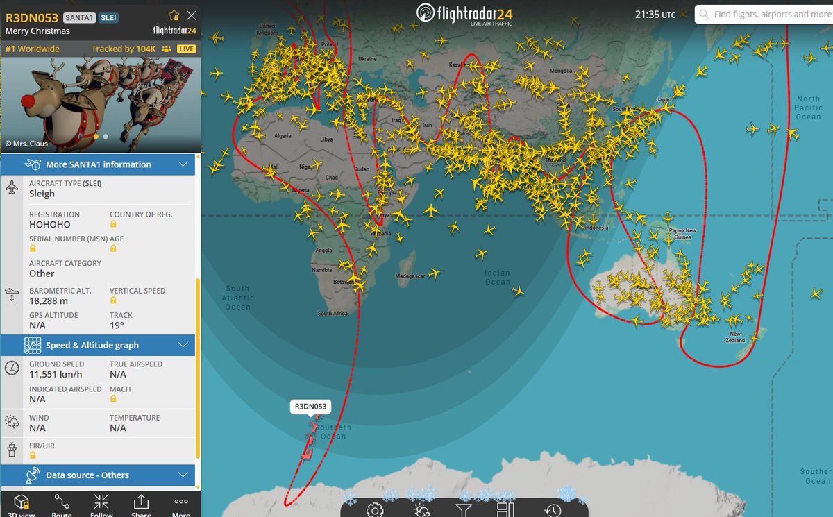 kumahousecom's tweet image. 【サンタクロースなう】
世界を駆け巡る超高速トナカイのソリに引かれたサンタクロース🦌🦌🦌🎅💨
日本時間早朝に南極大陸に到達してUターン 北上し再びアフリカ大陸に
#flightradar24 
#HOHOHO 
#SANTA1 
#R3DN053