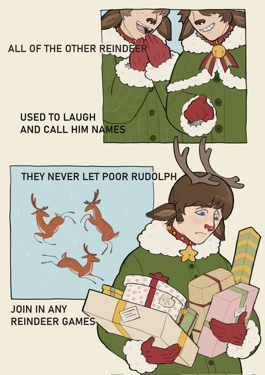 i was thinking about Ringo's fear of being inadequate, and of getting replaced. he'd probably relate to Rudolph, who's only liked by his peers as long as he's useful. anyways merry christmas:)