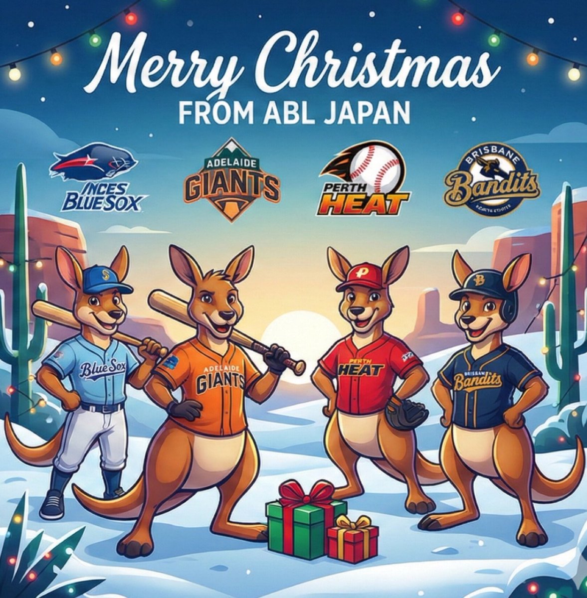 abljapan's tweet image. Merry Christmas from ABL Japan‼️⁣
⁣
昨年のABL公式さんをマネして、AIにクリスマス画像を作ってもらったら、こんなんできました😆⁣
⁣
まず、どこの国やねんってとこから、ツッコミどころ満載の1枚を、お楽しみください😌⁣
⁣
シドニー・ブルーソックスの名前も違うし😥…