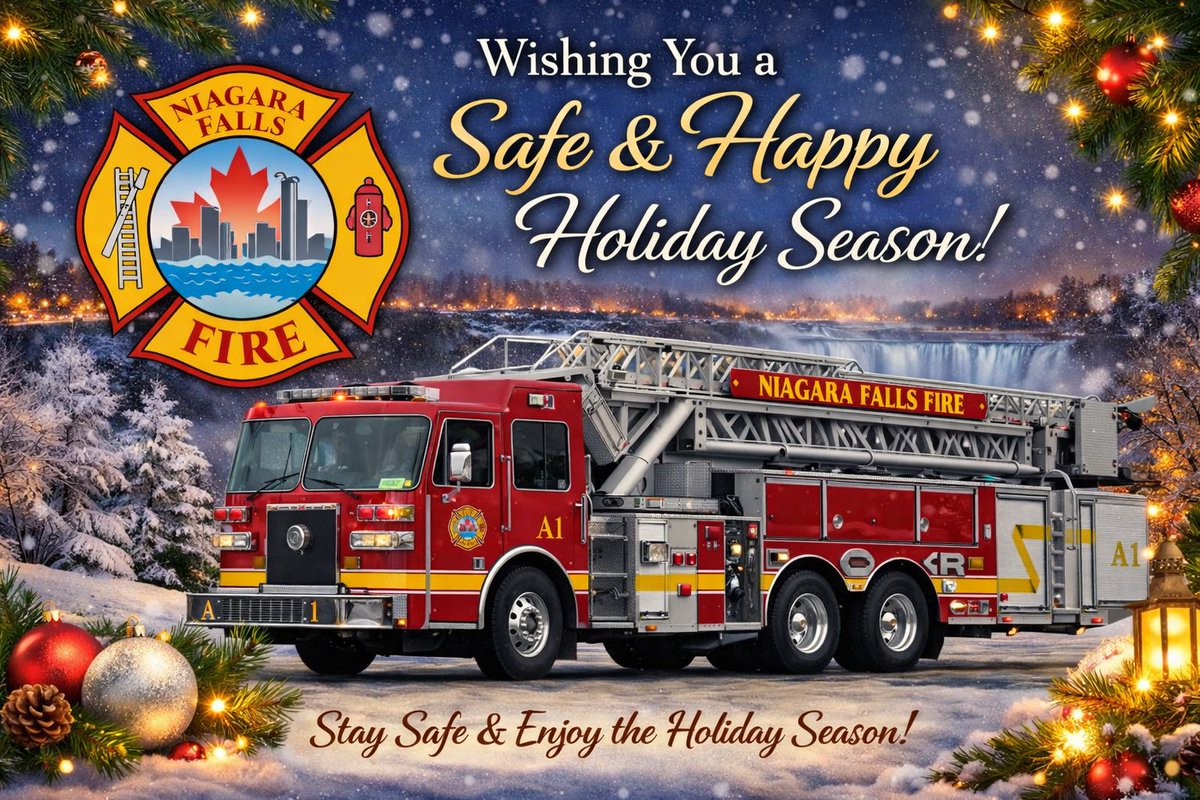 NiaFallsFire's tweet photo. The Niagara Falls Fire Department wishes our community a safe, peaceful, and happy holiday season. However you choose to celebrate, please take care, look out for one another, and enjoy this special time of year safely.✨🎄 https://t.co/wAB1QR4SAo