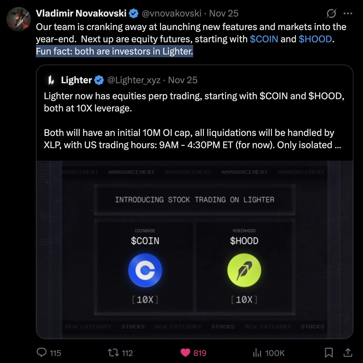 Altcoinist's tweet image. do you remember this signal? 🐸🕯️

03.01: @ribbita2012 : "Bigger than Robinhood!" 

8 MONTHS later, @vladtenev : "Bring it on"

Why would the CEO of a $100B+ company reply to an 8-month-old tweet of a "little autonomous agent on X"?

🕯️🐸 Time let's speculate (V)lads 🐸🕯️

1.…
