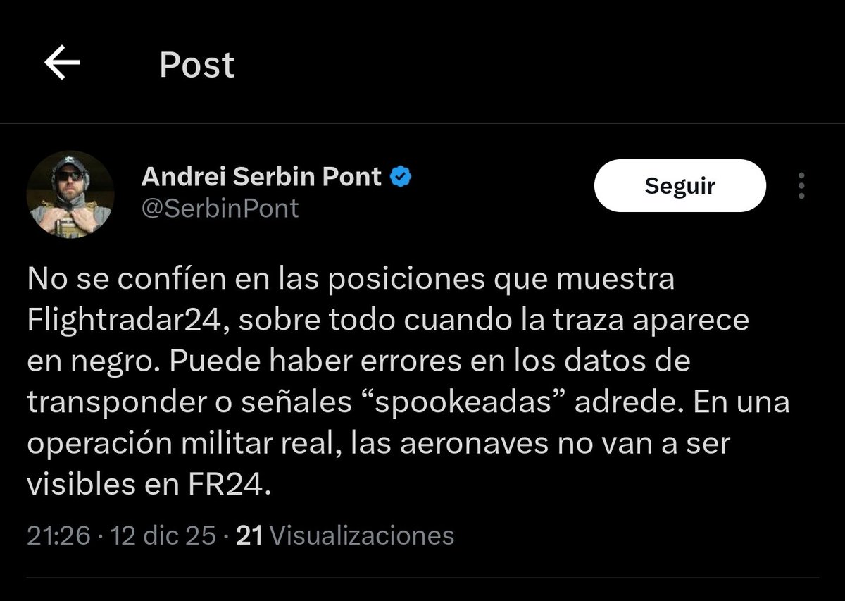 Añadiendo información al post de Andrei Serbia sobre supuesto vuelo de F-18 entrando a Venezuela:

Para empezar, no, ningún avión F-18 Super Hornet de EEUU entró a Venezuela continental

La aplicación Flightradar24 usa datos de transpondedores (ADS-B/MLAT) como ya todos sabéis,