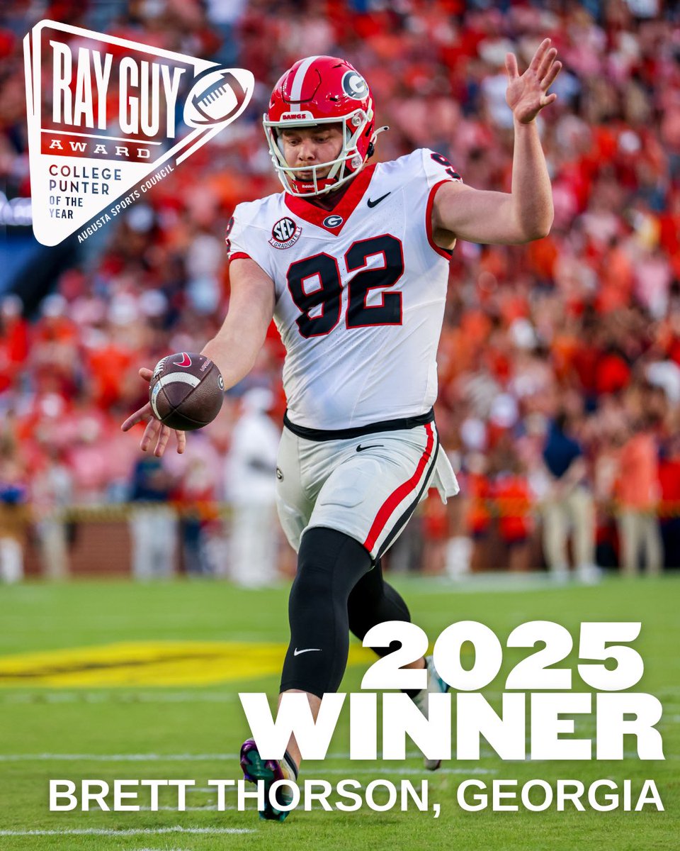 RayGuyAward's tweet image. 2025 Ray Guy Award 𝔀𝓲𝓷𝓷𝓮𝓻:

𝗕𝗥𝗘𝗧𝗧 𝗧𝗛𝗢𝗥𝗦𝗢𝗡, @GeorgiaFootball 

Congratulations to Brett Thorson for being #OURGUY this year! 

#RayGuyAward | #RGA