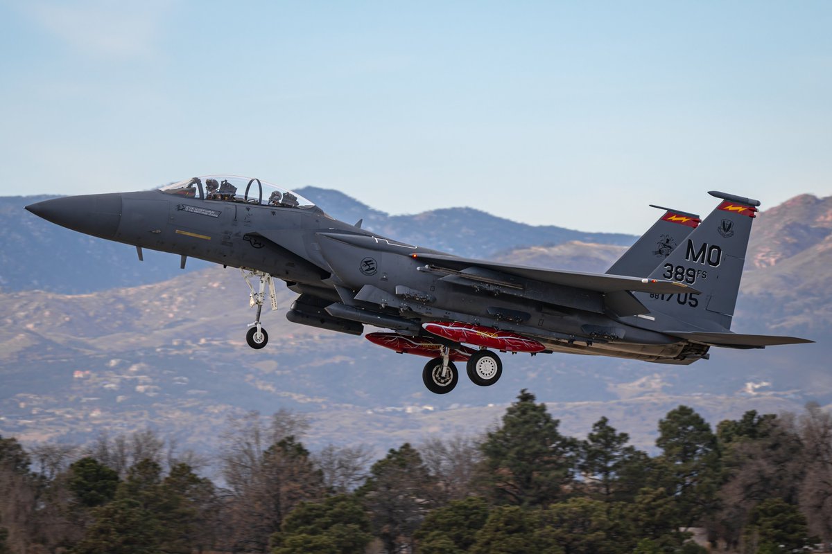 SHOKER01 and SHOKER02, a flight of two F-15E Strike Eagles from the 389th Fighter Squadron "Thunderbolts" lands at Peterson SFB. The two are in town to perform a flyover the Denver Broncos game on Sunday.