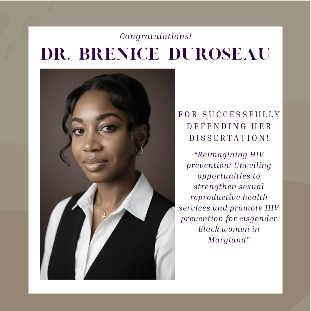 Congrats, Dr. Brenice Duroseau, for successfully defending her dissertation titled "Reimagining HIV prevention: Unveiling opportunities to strengthen sexual reproductive health services and promote HIV prevention for cisgender Black women in Maryland." #mochalab #womenhealth