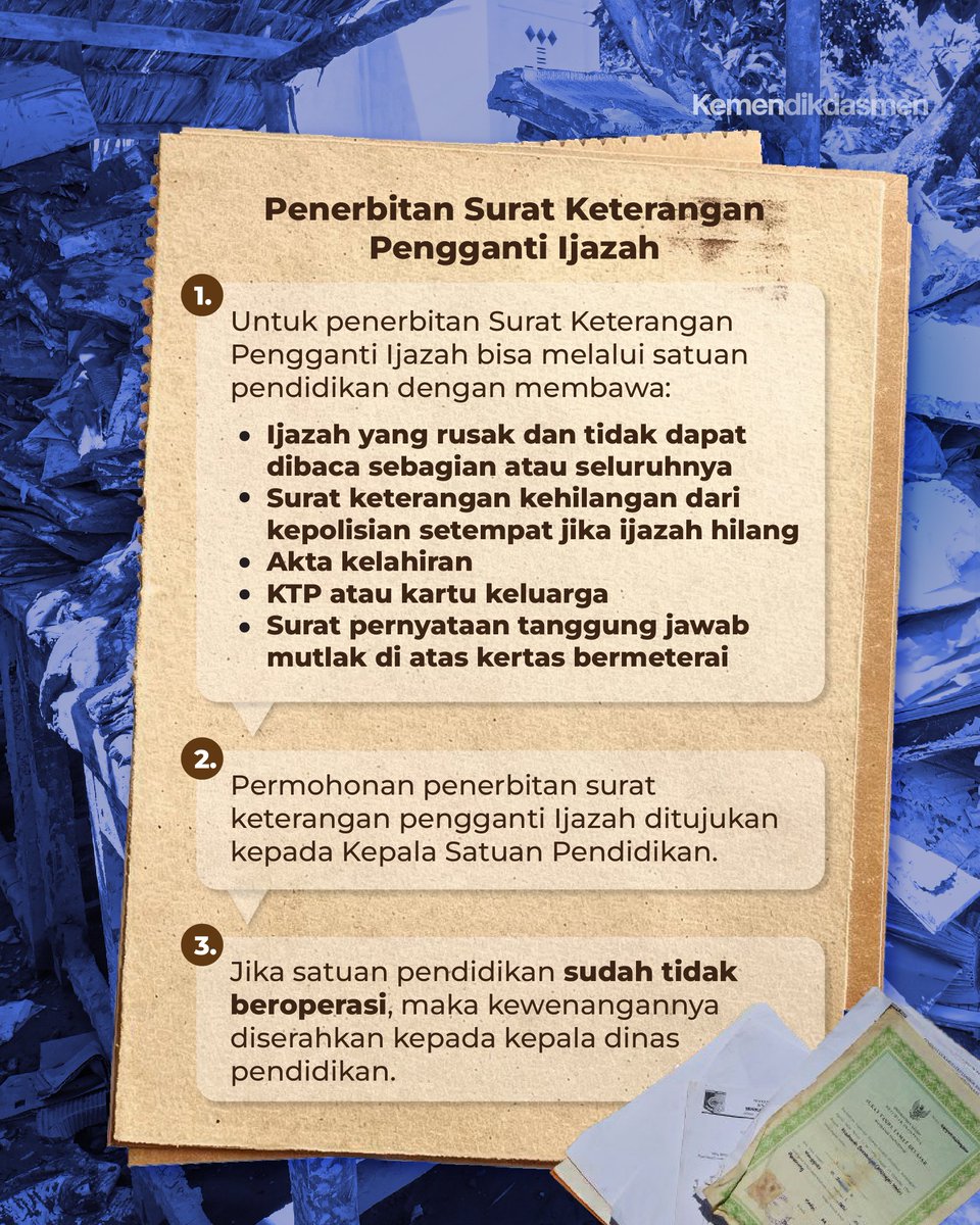 Ijazah Rusak atau Hilang Bisa Diganti dengan yang Baru
 
#SobatBelajar, penggantian ijazah yang rusak atau hilang karena bencana bisa dilakukan secara tertib, jelas, dan dapat diproses langsung di satuan pendidikan, sesuai Permendikbudristek Nomor 58 Tahun 2024.

#SobatBelajar