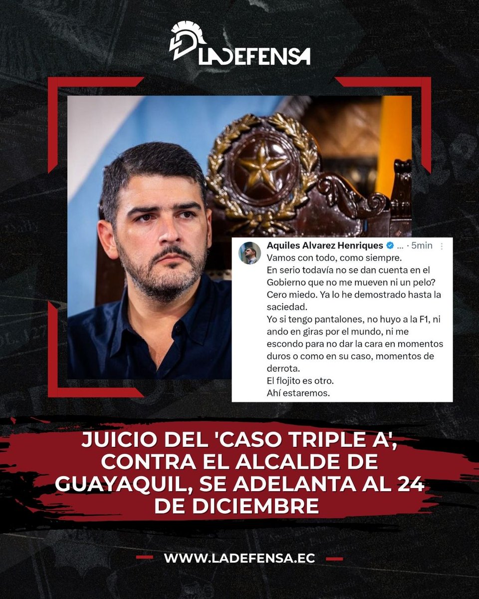 JUICIO DEL 'CASO TRIPLE A', CONTRA EL ALCALDE DE GUAYAQUIL, SE ADELANTA AL 24 DE DICIEMBRE 

La audiencia de juicio del Caso Triple A se adelantó para el miércoles 24 de diciembre de 2025, en base al principio de celeridad después de una revisión de disponibilidad de la agenda