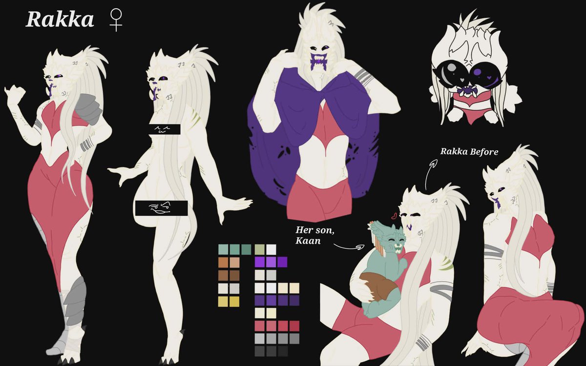 I present to you Rakka! 🌸

Since it's quite clear, I'm not sure if we can see it well (hence the black background).
Should I zoom in on each drawing and make a new post? 

#YautjaOc #yautja #predator #digitalart