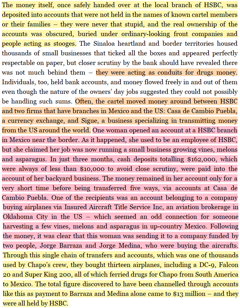 toxictiramisu's tweet photo. HSBC engineered the laundering of money for El Chapo's Sinaloa Cartel, handling massive unreported deposits, running front-company accounts &amp; altering branches for large cash drops. Staff also routed millions into aircraft &amp; other ventures, directly cleaning Cartel's drug money. https://t.co/DN36wfTJ7x