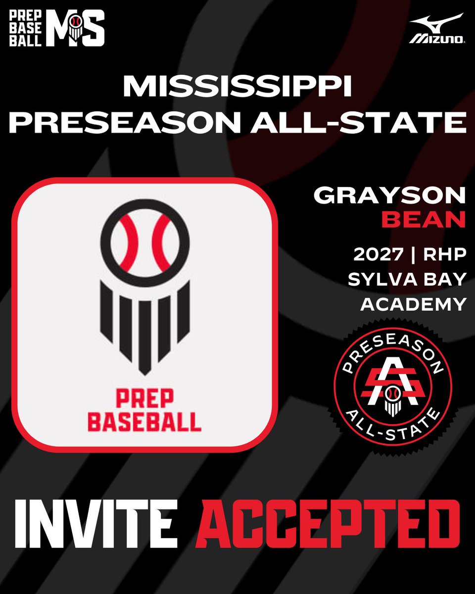 #𝐌𝐒𝐏𝐀𝐒𝟐𝟔: 𝐈𝐧𝐯𝐢𝐭𝐞 𝐀𝐜𝐜𝐞𝐩𝐭𝐞𝐝 ✅

+ '27 RHP Grayson Bean (<a href="/G_Bean9/">Grayson Bean</a>; Sylva Bay Academy) has 𝙤𝙛𝙛𝙞𝙘𝙞𝙖𝙡𝙡𝙮 𝙖𝙘𝙘𝙚𝙥𝙩𝙚𝙙 𝙝𝙞𝙨 𝙞𝙣𝙫𝙞𝙩𝙚 and will attend the Mississippi Preseason All-State on January 25th at Mississippi State University.

Very few