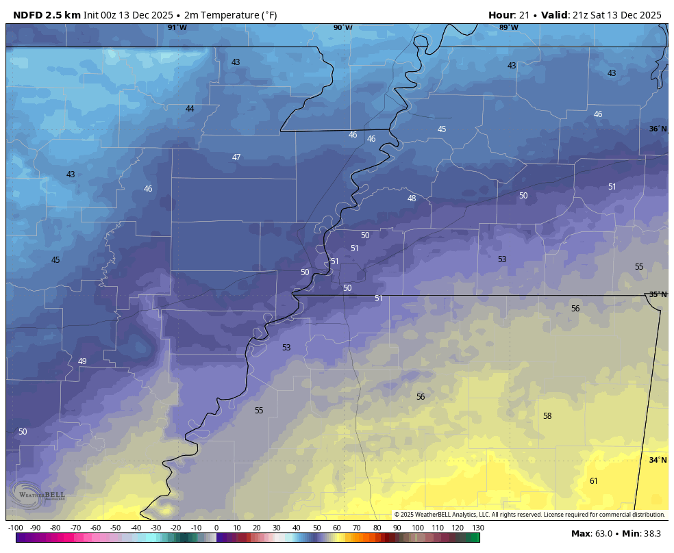 Tonight will see increasing cloud cover with lows in the mid 30s. Tomorrow will begin to turn colder, with highs in the low 50s (3pm shown). Mostly cloudy conditions are expected, and a northerly breeze may become noticeable by late evening. Enjoy tomorrow before the cool