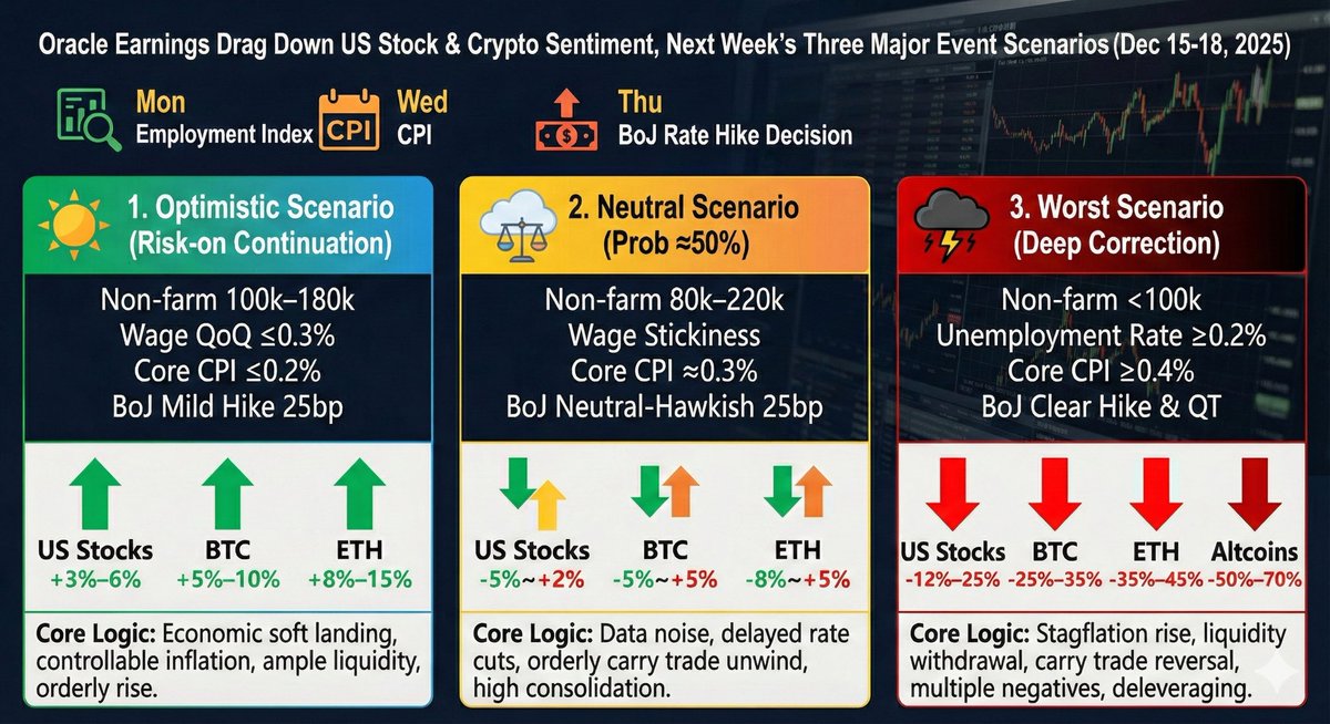 💥Oracle’s earnings miss already cracked US stocks &amp; crypto sentiment.
Next week decides direction.

📅 Tue: NFP (Nov)
📅 Wed: CPI (Nov)
📅 Thu: BOJ rate decision

These 72 hours will move everything.
Here’s how it plays out 👇

🟢 Scenario 1 — Bullish (Risk-On Continues)
NFP