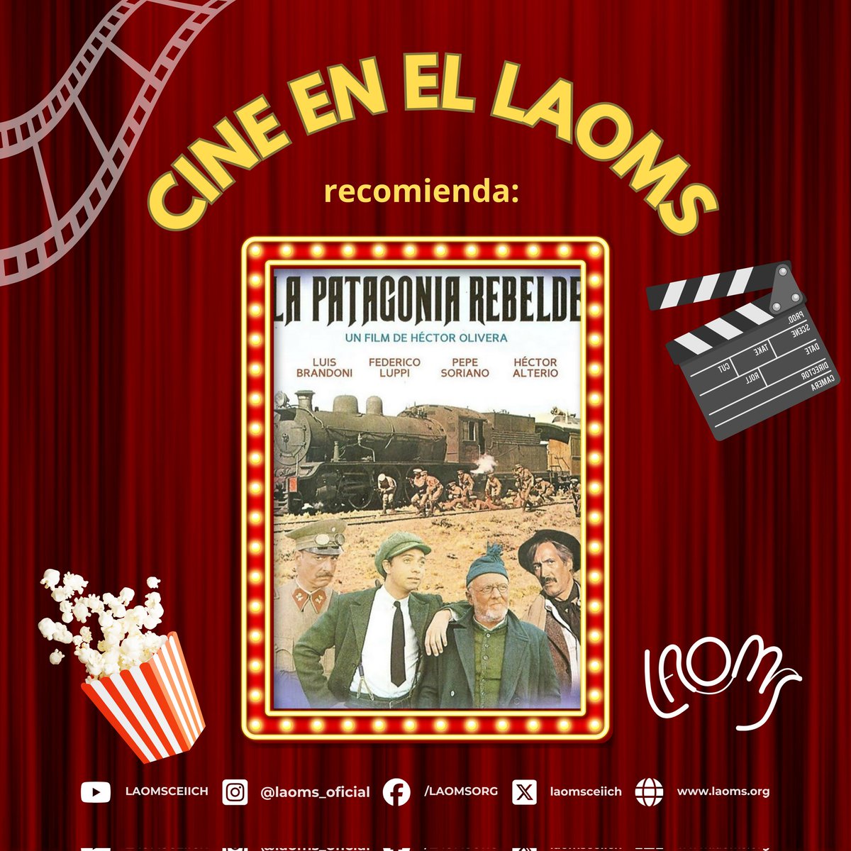 🍿🎥 Cine en el LAOMS recomienda: La Patagonia rebelde.  🎞

Relata la huelga de obreros anarquistas y socialistas que, durante el gobierno de Yrigoyen, se organizaron para conseguir mejoras laborales. El conflicto culminó con represión, arrestos y numerosos fusilamientos.
