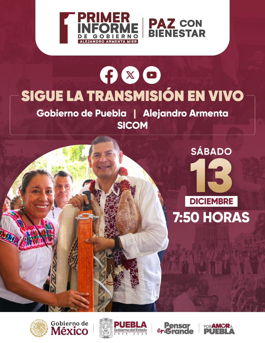 #PrimerInforme ❤️

📺 Acompáñanos a las 8:00 a.m. a vivir la transmisión del Primer #InformeGobernador de #ArmentaGobernador en nuestras redes oficiales, en las del mandatario <a href="/armentapuebla_/">Alejandro Armenta</a> y a través de <a href="/SICOMPue/">SICOM</a>.

¡En Puebla, la transformación es hoy! 
#PazConBienestar