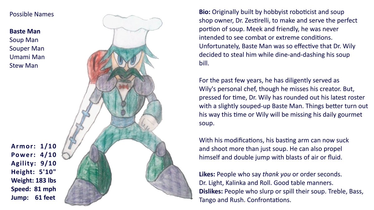 AdamLsEnt's tweet photo. Baste Man
Pen name: AdamTheGameBoy
I'm suspecting you want another vacuum robot, but this is the suction idea that first came to mind for me, and I really like this suction concept more than a vacuum. A gourmet soup making robot
Robot Master design #MegaManDO #DesignARobotMaster https://t.co/eOOZV2HRuf