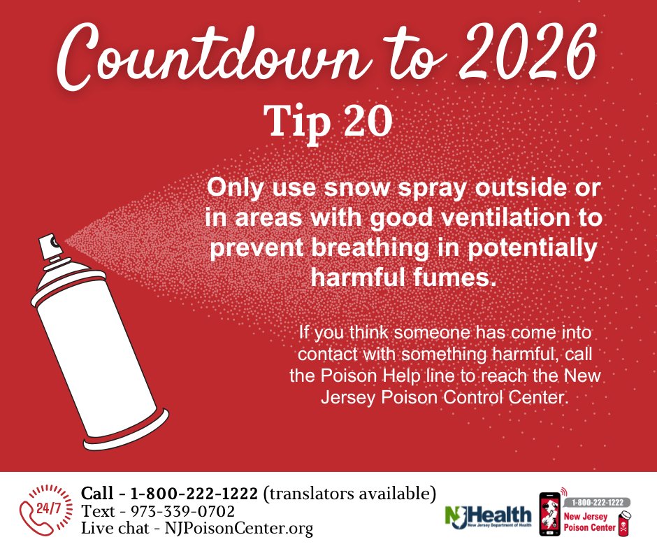 Only use snow spray outside or in areas with good ventilation to prevent breathing in harmful fumes. If you think someone was exposed to something harmful, call #PoisonHelp (1-800-222-1222) to reach the NJ Poison Control Center. njpoisoncenter.org <a href="/NJPoisonCenter/">NJ Poison Center</a>