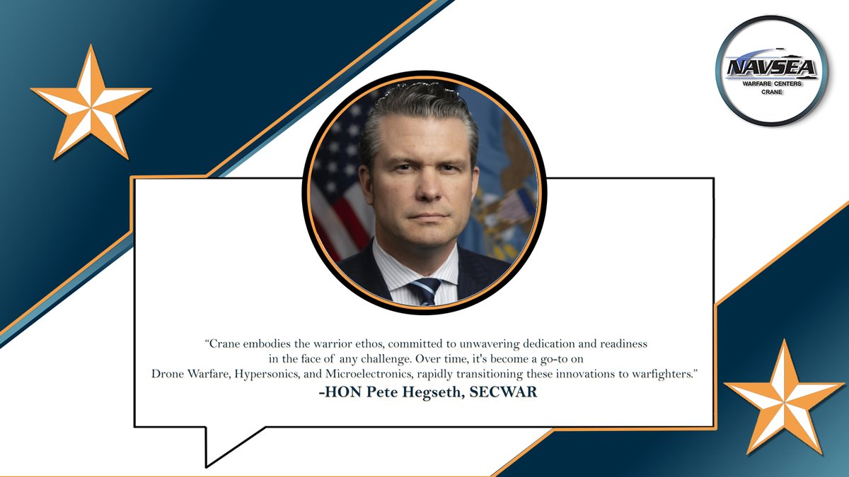 NAVSEACrane's tweet image. Honored to be recognized by SECWAR Pete Hegseth at the Northeast Indiana Defense Summit for our critical support of the American Warfighter.
As the #ForceBehindTheFleet, we are dedicated to strengthening our Navy and our nation.

#NationalSecurity #Innovation #USNavy