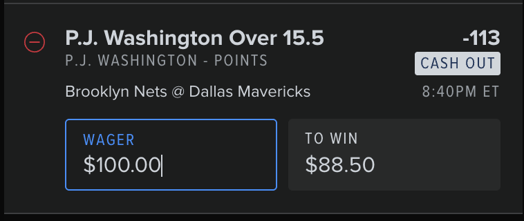 IF you like PJ Washington Over 15.5 Points tonight, would you rather win:

A) $105 <a href="/Novig/">Novig</a> 
or
B) $88.50 at FanDuel?